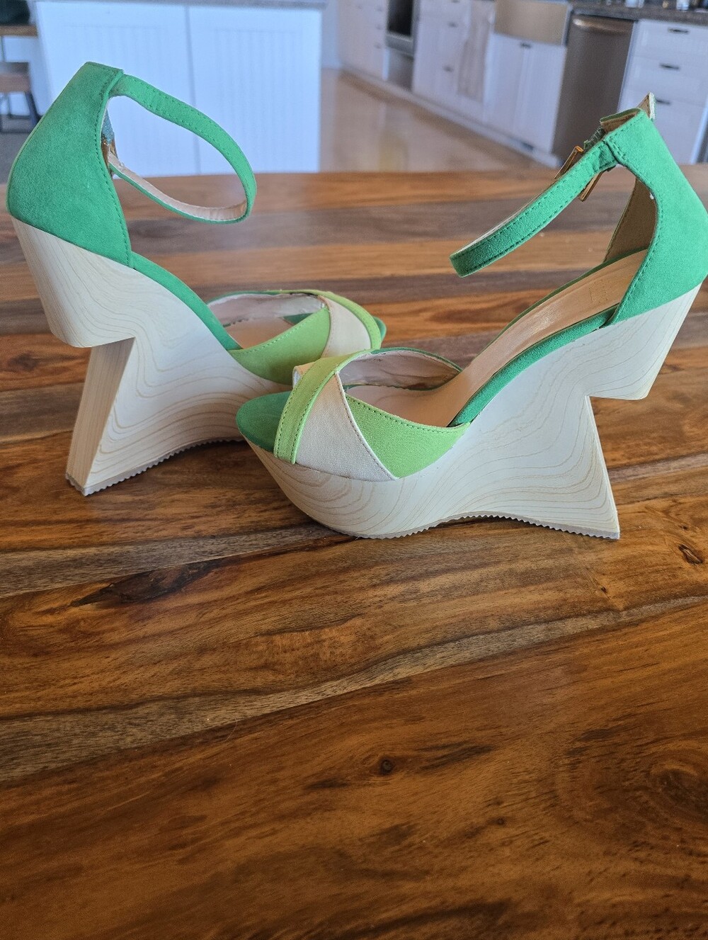 Green Two-Tone Suede Platform Wedge Sandals By Madison - Picture 5 of 7